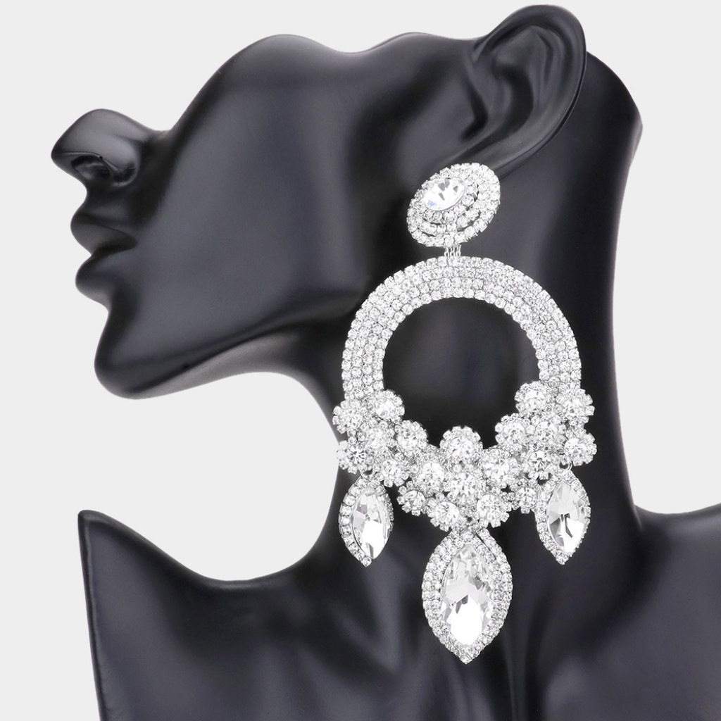 Silver And Clear Flower Oversized Dangle Earrings Big Crystal Statement Jewelry